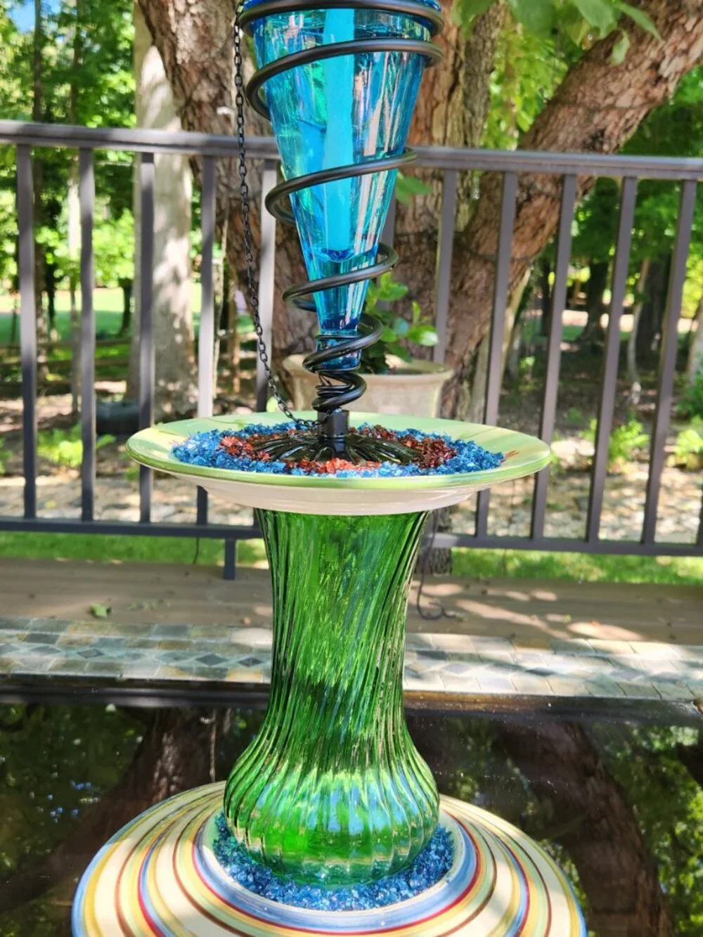 Upcycled Blue Green Tiki Torch Crushed Glass Accents